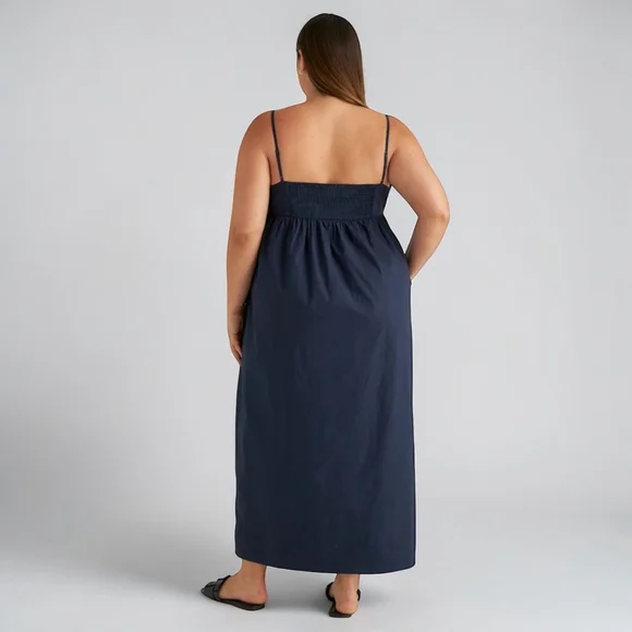 Quince Organic Cotton Navy Sleeveless Maxi Dress Smocked Back Sz L NWT - Picture 11 of 11